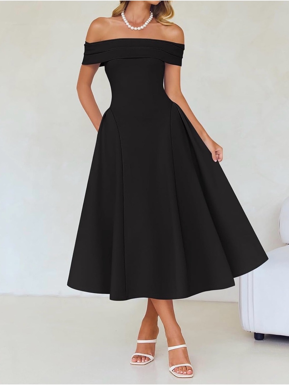 Strapless Black Fit-and-Flare Midi Dress
